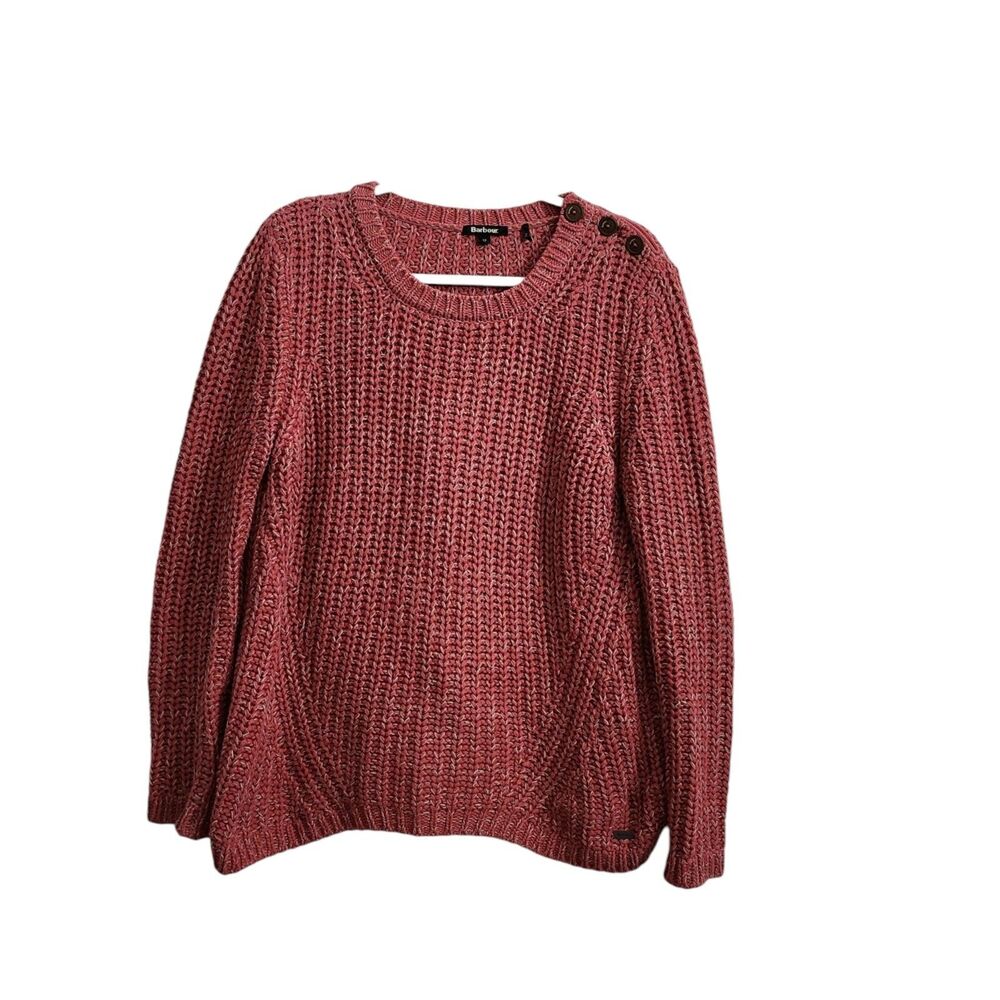 Barbour Sweater Womens 12 Pink Rogan‎ Chunky Knit Pullover Button Detail Cotton